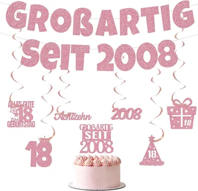 Imagen del producto de Kit de decoración para el 18º cumpleaños, incluye: guirnalda, 6 serpentinas, decoración para tarta, en color rosa y dorado, ideal para niñas