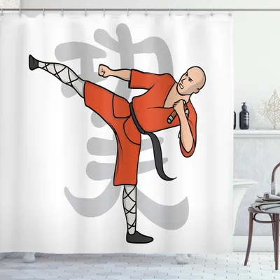 Immagine prodotto di ABAKUHAUS Tenda da doccia Kung Fu, tema arti marziali orientali, guerriero dei fumetti, 175 x 200 cm, arancione bruciato e grigio