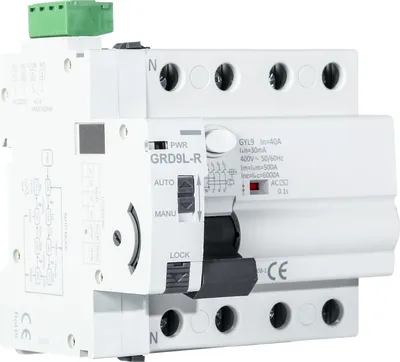 Produktbild von GRD9L-R RCCB Fehlerstromschalter 4-polig 40A 30mA mit automatischem Wiedereinschalten, Smart Breaker AC Typ
