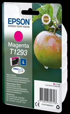 The image shows the retail packaging of an Epson T1293 magenta ink cartridge, featuring a close-up of an apple on a branch.