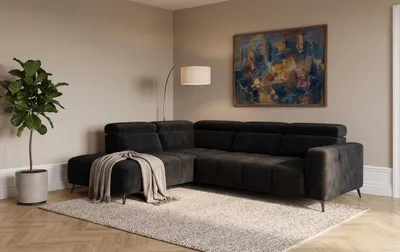 Obrázek produktu pro Moderní rohová pohovka Velvet v černé barvě s elektrickou relaxační funkcí | Nastavitelné opěrky hlavy | Elegantní design
