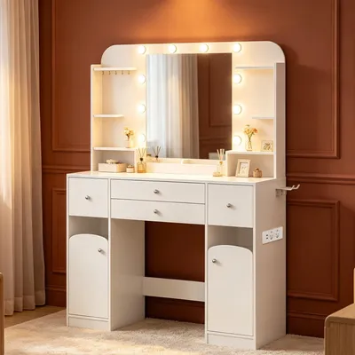 Produktbild von Fobyfurny Schminktisch mit LED-Beleuchtung, mit Stecker und Föhnhalter, große Tischplatte 108 cm, Schminktisch mit 2 großen Schubladen