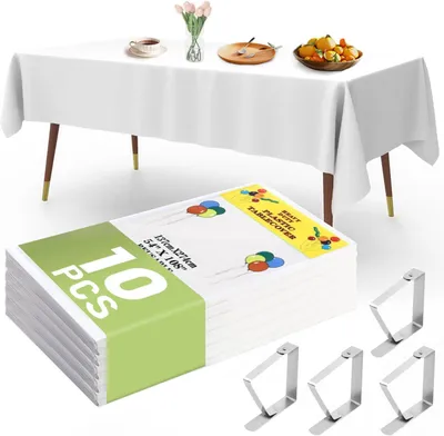 Produktbild von Einweg Tischdecke Weiß Tischtuch Rechteckig Tischdecken 10 STK Kunststoff Tischdecken Wasserdicht Geburtstag 137 x 274 cm Biertisch Tischdecke mit Tischklammern für Party Hochzeit Feste