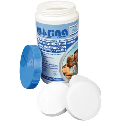 A container of pool chlorine tablets with the lid off and some tablets scattered around it.