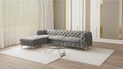 Produktbild von S-STYLE MÖBEL - Chesterfield Ecksofa mit Ottomane links Nova mit Goldene Metall Füßen aus Grau Samtstoff, B/T/H: 305 cm/ 200 cm/ 75 cm