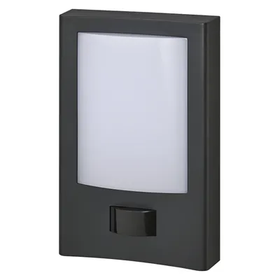 A dark gray LED outdoor light fixture with a white light panel and a black sensor.