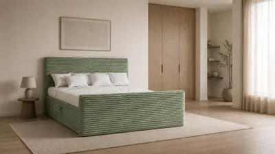 Image de Boxspringbett mit bettkasten und topper 180x200 TRENTO Stoff Plüsch Cord Olive H3-Bonell