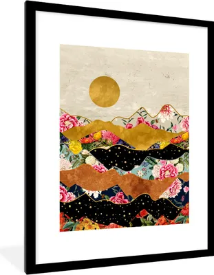 Produktbild von MuchoWow® Gerahmtes Poster Blumen - Gold - Marmor 60x80 cm - Poster mit Schwarzem Bilderrahmen Wandposter Rahmen Foto Bilder - Wohnzimmer - Dekorationen - Prämie