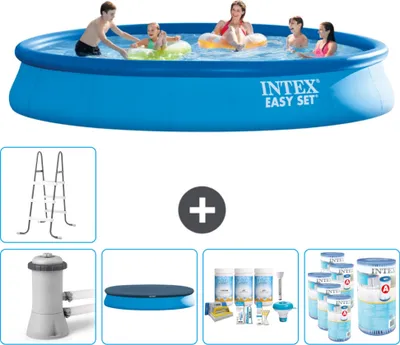 Produktbild von Intex runder aufblasbarer Easy Set-Schwimmpool – 457 x 84 cm – Blau – inklusive Pumpe Abdeckung - Wartungspaket - Filter - Leiter