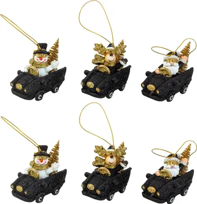Produktbild von 6 Stück Weihnachtsanhänger Weihnachtsmann Schneemann Elch im Auto Schwarz Gold