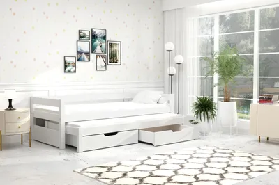 Produktbild von thematys Jugendbett Kinderbett mit abnehmbaren Rausfallschutz und Ausziehbett 2 Schubladen 90x200cm inkl. 2 Matratzen Weiß Kinderbett aus Kiefernholz