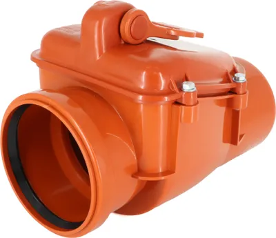 An orange plastic backwater valve with a lid and a handle.