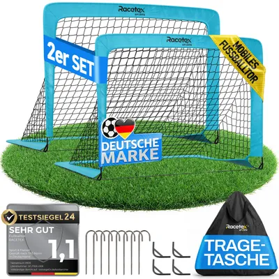 Produktbild von Racetex 2er Fußballtor Kinder Set - Fußball Tore inkl. nützlicher Tasche zum Transportieren - Version mit verstärkten Glasfaserstangen - Hellblau