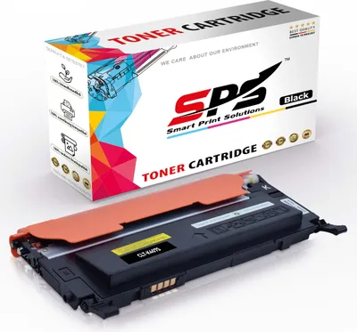 A black toner cartridge with an orange protective cover is shown in front of its packaging box.