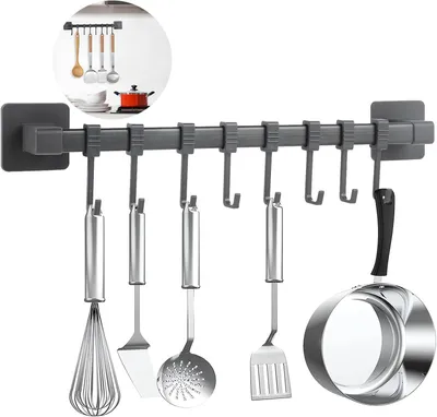Produktbild von Küchenregal mit 8 Haken, 40 cm, Wandmontage ohne Bohren, ABS-Kunststoff und Kohlenstoffstahl, für Küche