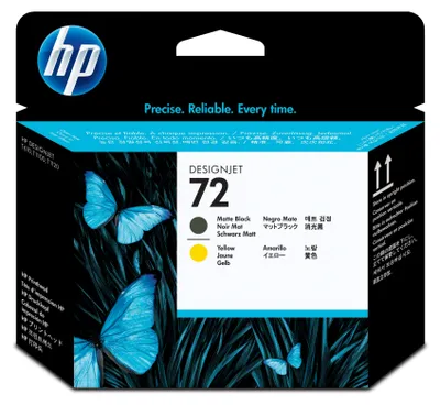 Zdjęcie produktu dla HP Głowica drukująca 72 DesignJet: czarny matowy i żółty, Drukarki HP DesignJet serii T610, drukarki serii T620, drukarki serii T770, drukarki serii T1100,..., Termiczny druk atramentowy, Czarny, Żółty, C9384A, Singapur, 28 mm