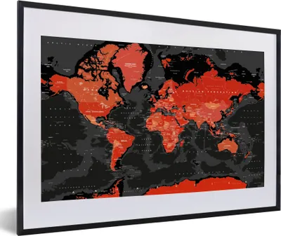 Produktbild von MuchoWow® Gerahmtes Poster Weltkarte - Rot - Schwarz - Kind - Kind - Mädchen 60x40 cm - Poster mit Schwarzem Bilderrahmen Wandposter Rahmen Foto Bilder - Schlafzimmer - Plakat in Rahmen - Drucken