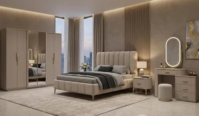 Immagine prodotto di Letto con 2 comodini. Arredamento  Set completo che include anche un armadio dal design elegante
