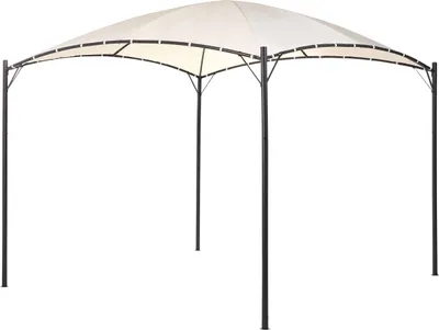 A beige pergola with a black frame is shown against a white background.