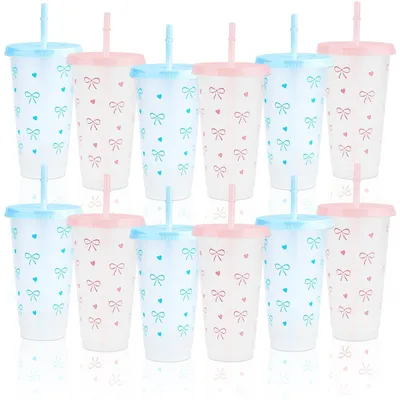 Zdjęcie produktu dla Zestaw 12 wielorazowych plastikowych kubków z pokrywkami i słomkami
