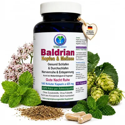 Produktbild von Baldrian Hopfen & Melisse 180 Pulver Kapseln. Nerven Beruhigung + Entspannung & schöner Schlaf + Gute Nacht. Natur pur - ohne Zusatzstoffe.
