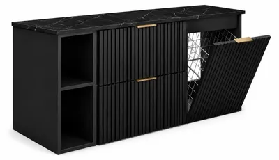 Produktbild von Badmöbel-Set mit Wäschekorb, Schwarz / Platte Marmor Black Royal / Griffe Schwarz, 120 x 57 x 46 cm