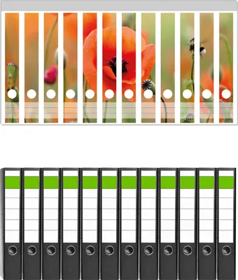 Produktbild von Wallario 12 Stück schmale Ordner inkl. Klebeetiketten mit Motive Mohnblumenblüten -  Set mit Rückenschildern / Ordnerrücken Stickern