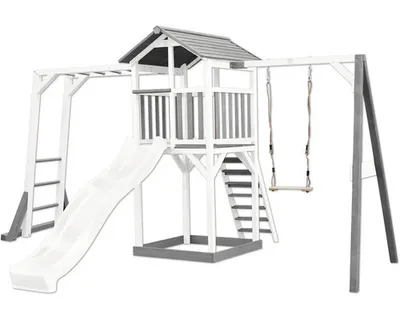 Produktbild von AXI Beach Tower Spielturm aus Holz in Weiß & Grau | Spielhaus für Kinder mit weißer Rutsche, Klettergerüst, Schaukel und Sandkasten | Stelzenhaus für