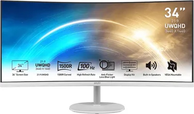Produktbild von MSI Pro MP341CQWDE Computerbildschirm 86,4 cm (34") 3440 x 1440 Pixel UltraWide Quad HD Weiß (9S6-3PB2CT-010)