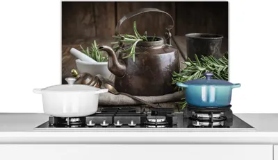 Produktbild von KitchenYeah®  Spritzschutz Küche - Küchenrückwand - Wandschutz für Herd und Spüle - Tee - Teekanne - Gewürze 60x40 - Alu-Dibond (Alternative zum Spritzschutz aus Glas) - Hitzebeständig - Herdspritzsch