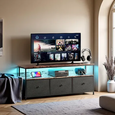 Image de Meuble TV 137 cm avec LED, plateau effet bois tigre, 3 tiroirs en tissuPolyuréthanenoir, cadre métal robuste, pieds réglables, style rétro-moderne