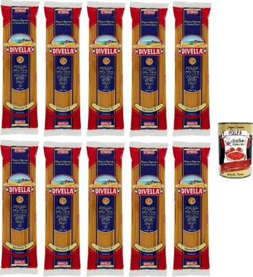 Produktbild von Divella Pasta 100% Italienisch Vermicelli N° 7, Nudeln aus Hartweizengrieß, Kochen 9 Minuten 10x 500g + Italian Gourmet polpa 400g