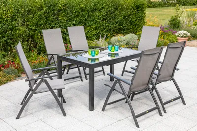Produktbild von Merxx Gartenmöbelset "Vicenza" 7tlg. mit Ausziehtisch 180/240 x 100 cm  - Aluminiumgestell Graphit mit Textilbespannung Diamantbraun