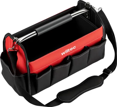 Image de Wiltec Sac à outils 14 poches – 40 x 19 x 25 cm – pliant – 600D – avec Bandoulière réglable, Poignée, Poches intérieures et extérieures – Sacoche à outils multi-poches pour outillage