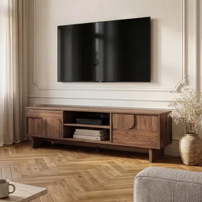 Produktbild von Fernsehschrank 'Katanshumn' mit 2 Türen und 2 offenen Fächern 150 x 39 x 45 cm Walnussoptik