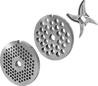 Produktbild von Lochscheibensatz 3 mm + 6 mm Bohrung und 1 Sichelmesser für alle gängigen Fleischwolf Größen 7