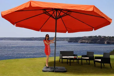 Produktbild von Sonnenschirm Meran Pro, Gastronomie Marktschirm mit Volant Ø 5m Polyester/Alu 28kg  terracotta mit Ständer