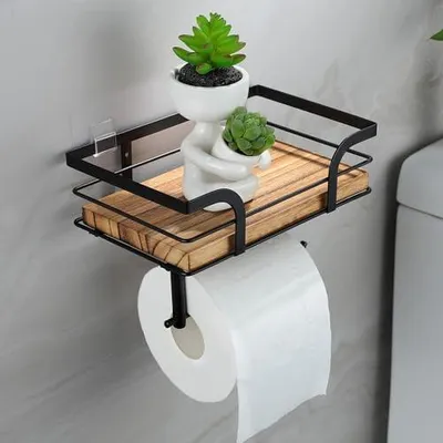 Produktbild von Toilettenpapierhalter Ohne Bohren mit 2 Montagemethoden, Holz Klopapierhalter & Klopapier Aufbewahrung mit Feuchttücherbox, Toilettenpapier Halterung Wandhalterung