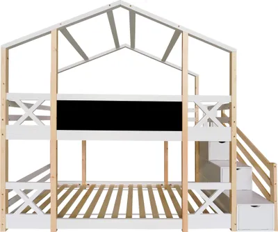Produktbild von Merax Etagenbett 90x200cm mit Rausfallschutz und Treppe inkl. 3 Schubladen, Kieferholz Hochbett Hausbett Kinderbett für 2 Kinder