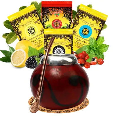 Image de Set à thé Yerba Mate avec calebasse naturelle Misiones bordo - Yerba Mate Green 4 x 50 g, calebasse et bombilla en acier inoxydable