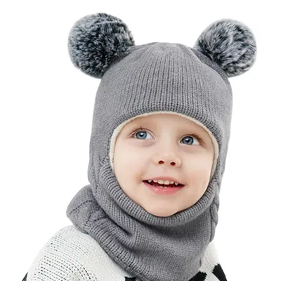 Image de Chapeau d'hiver pour enfants Echarpe Chapeau tricoté Echarpe Bonnet épais doublé polaire Chapeau à capuche chaud avec pompons pour filles Garçons