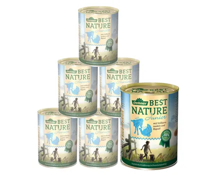 Produktbild von Dehner Best Nature Hundefutter, Nassfutter für Welpen und junge Hunde, Pute / Kalb / Vollkornnudeln, 6 x 400 g Dose (2.4 kg)