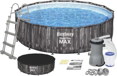An above-ground swimming pool set with accessories, including a ladder, pump, filter, and cover.