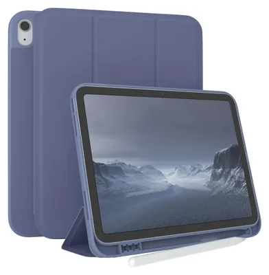 A blue tablet case with a tablet inside, displayed on a white background.