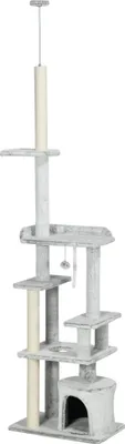 Produktbild von PawHut Kratzbaum, Katzenbaum Deckenhoch, Katzenkratzbaum, 225-255 cm, Kletterbaum mit Spielball, Katzenhöhle, Katzentreppe, Katzenmöbel, Hellgrau