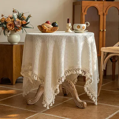 Produktbild von Tischdecke Rechteckig Beige Baumwolle Leinen mit Quasten 200 x 135 cm