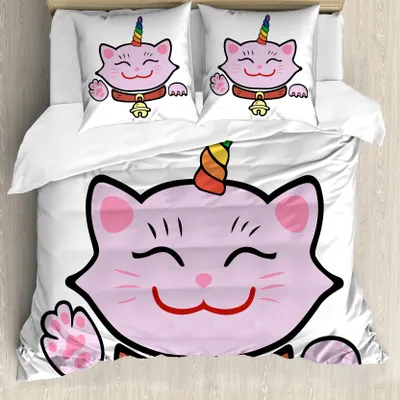 Produktbild von ABAKUHAUS Einhorn-Katze Bettbezug, Rosa Maneki Neko, Milbensicher Allergiker geeignet mit Kissenbezügen, 155 cm x 220 cm - 80 x 80 cm, Mehrfarbig