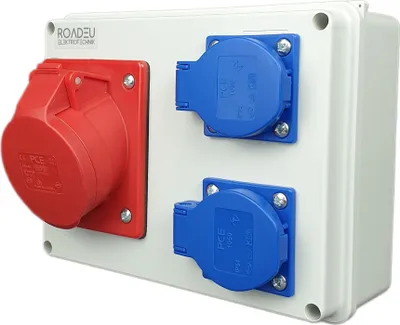 Produktbild von RoadEu - Wandverteiler 16A 5P CEE Steckdose mit 2X Schuko 230V. Baustromverteiler 16A, PCE Steckdosen. Aufputz Verteilerkasten. Wandsteckdose Innen und Außen