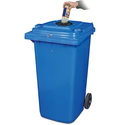 Produktbild von 240 Liter Müllbehälter blau, Flascheneinwurf mit Gummirosette, abschließbar
