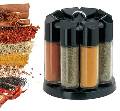 Produktbild von Gewürzorganizer, 360° drehbares Gewürzregal mit 8 Gewürzgläsern, schwarz transparent, tragbares Gewürzkarussell, freistehender Gewürzständer für Kräuter und Gewürze, 15,8 x 16,7 cm